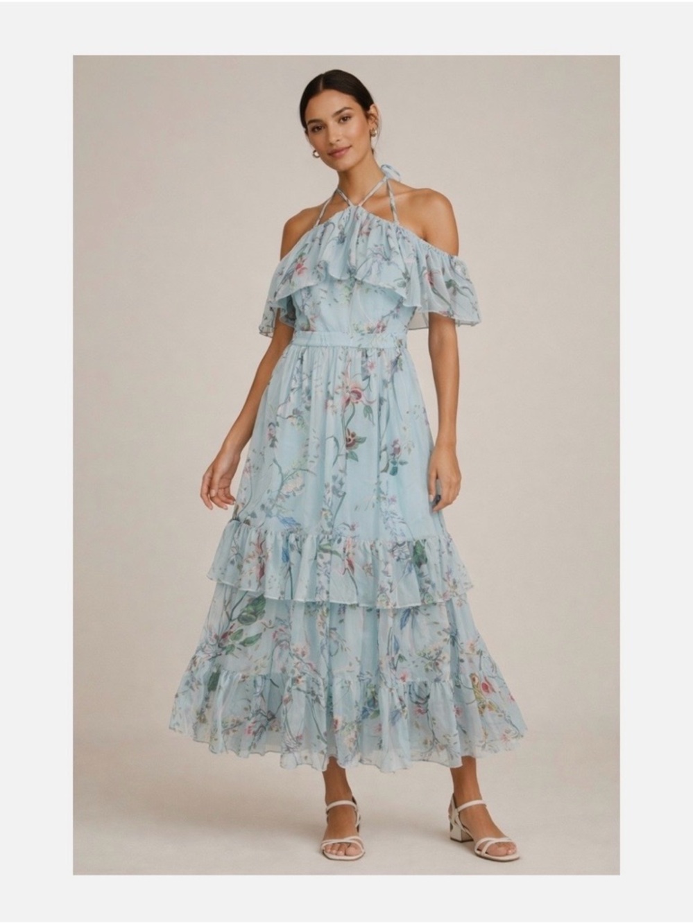 Light Blue Floral Off-Shoulder Ruffle Maxi Dress